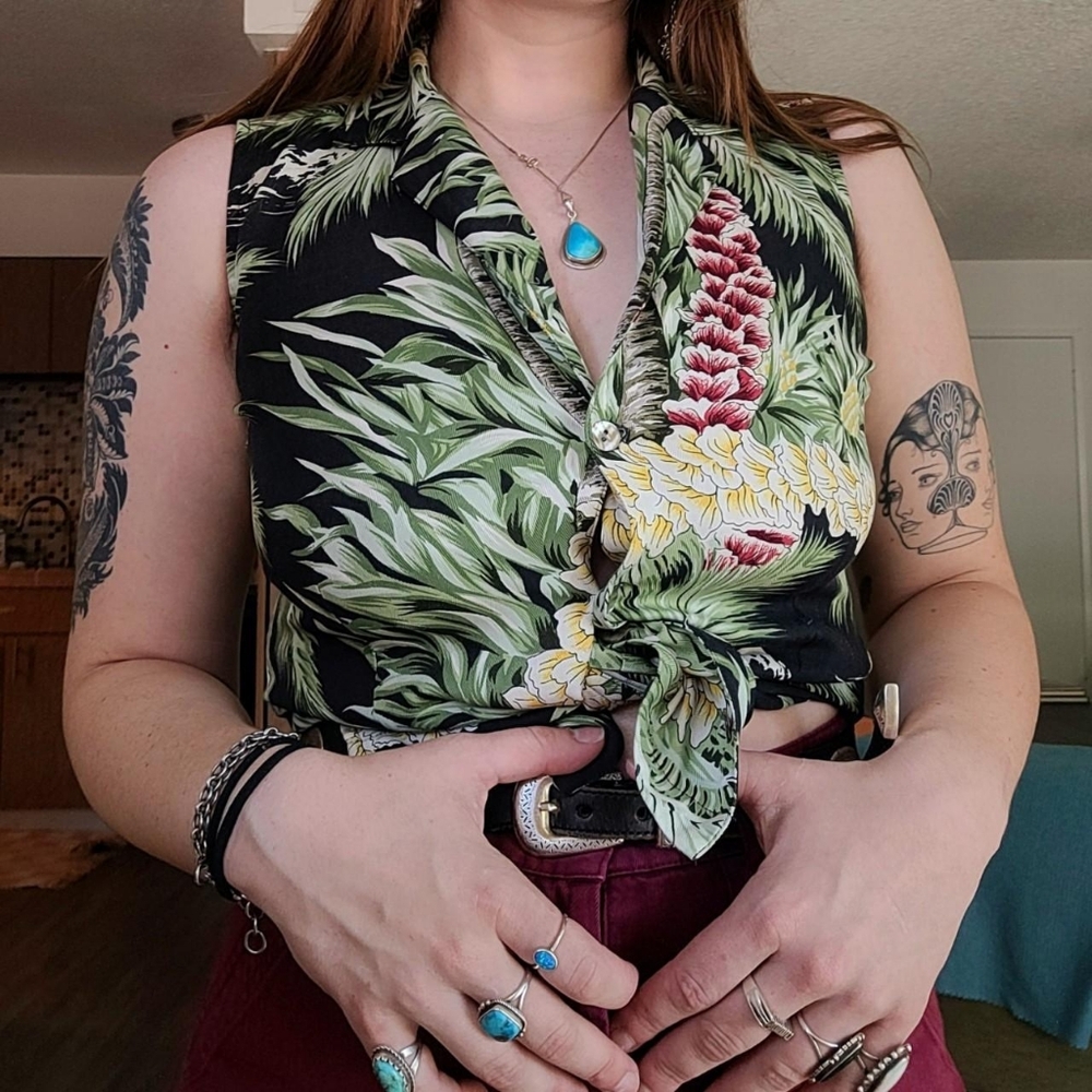 Tommy Bahama Black and Green Tropical Button Down Shirt